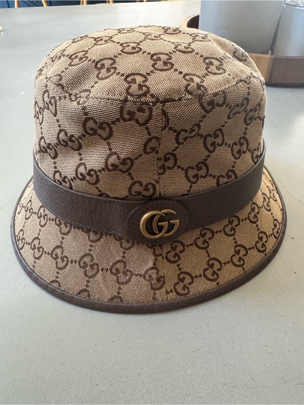 Gucci Beige & Brown Monogram Bucket Hat with Gold GG